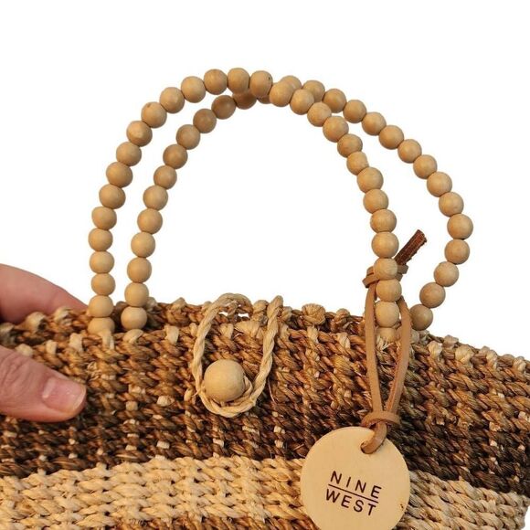 Nine West Womens Tan & Brown Color Block Straw Beaded Double Handle Tote Bag - Picture 9 of 9